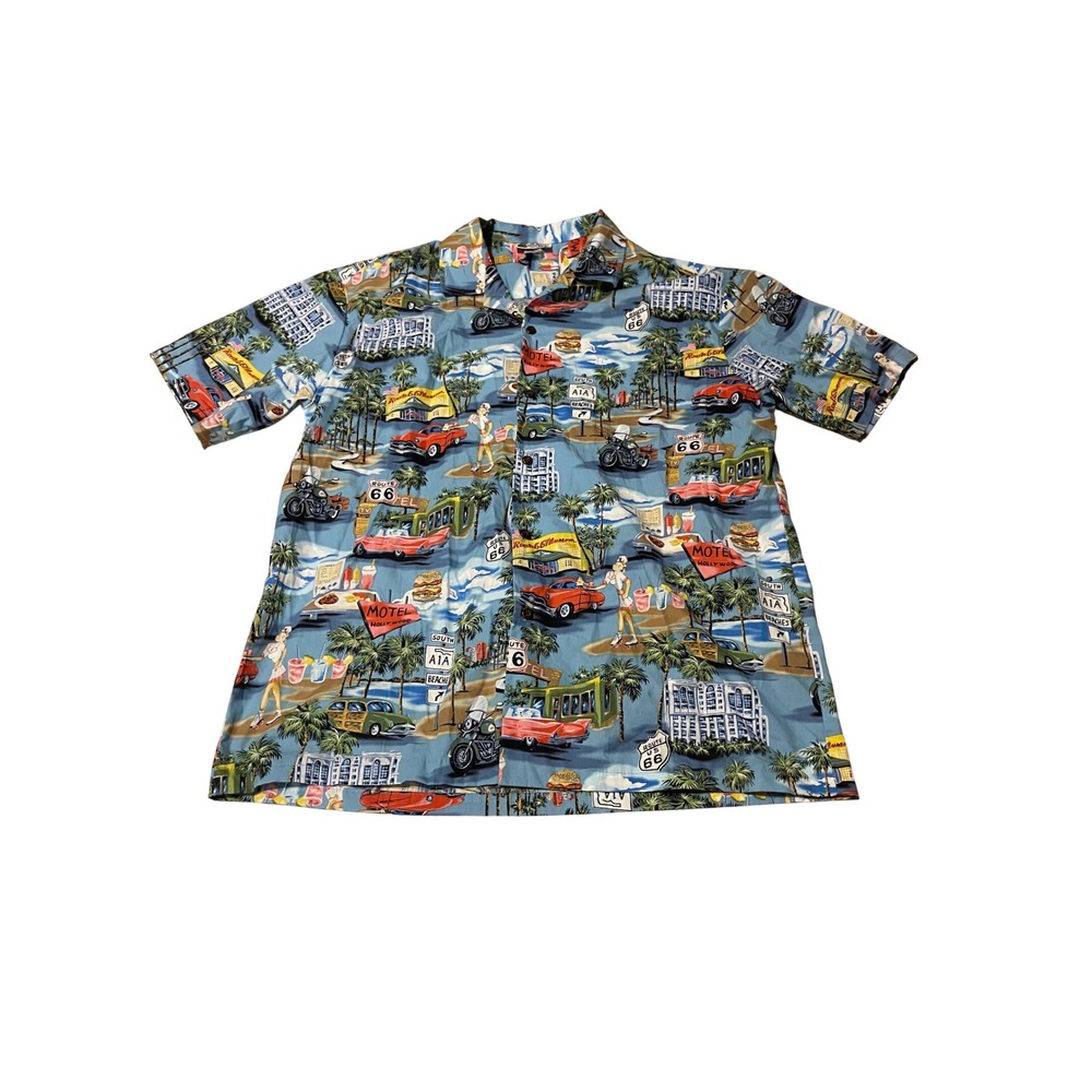 Aloha Republic Mens XL Route 66 Americana Hawaiian Shirt Blue Classic Cars USA